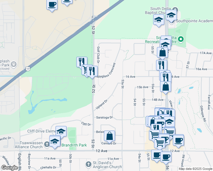 map of restaurants, bars, coffee shops, grocery stores, and more near 5298 Glen Abbey Place in Delta