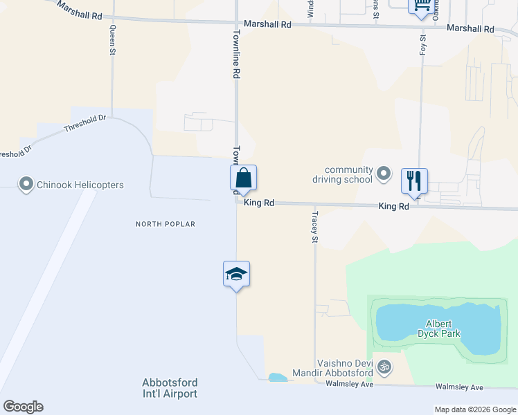 map of restaurants, bars, coffee shops, grocery stores, and more near 31250 King Road in Abbotsford