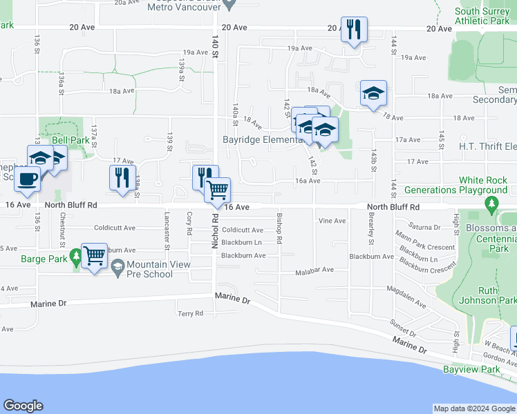 map of restaurants, bars, coffee shops, grocery stores, and more near 14098 North Bluff Road in White Rock