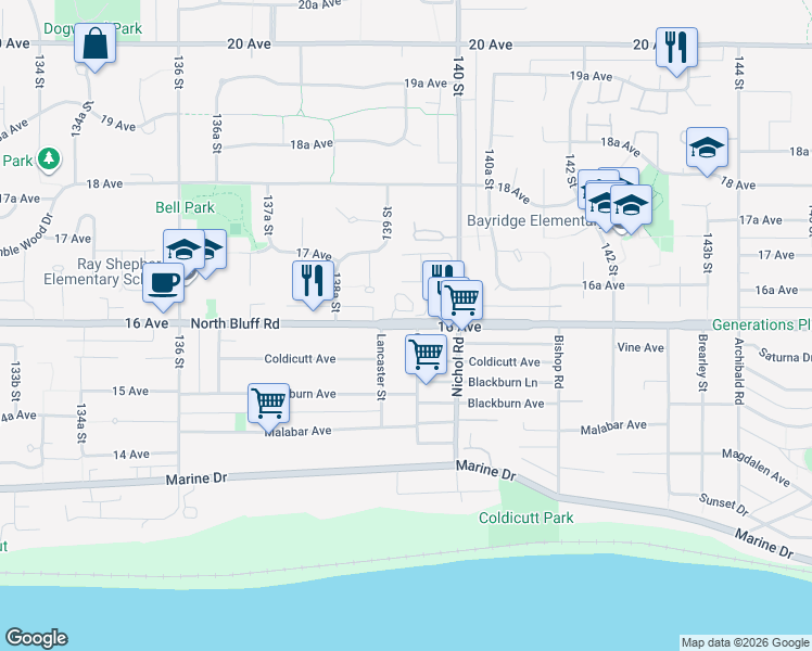 map of restaurants, bars, coffee shops, grocery stores, and more near 209 16 Avenue in Surrey