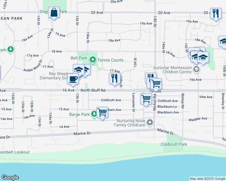map of restaurants, bars, coffee shops, grocery stores, and more near 13766 North Bluff Road in White Rock