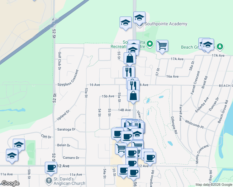 map of restaurants, bars, coffee shops, grocery stores, and more near 1553 55A Street in Delta