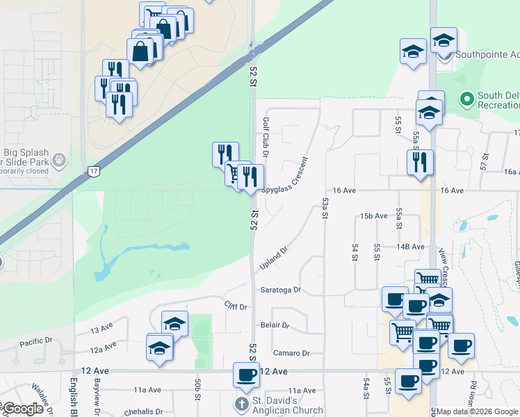 map of restaurants, bars, coffee shops, grocery stores, and more near 1557 Golf Club Drive in Delta
