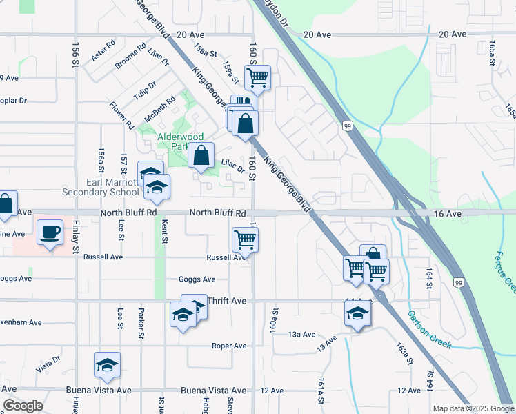 map of restaurants, bars, coffee shops, grocery stores, and more near 926 160 Street in Surrey