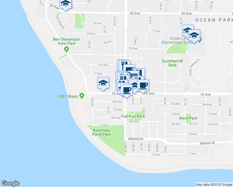 map of restaurants, bars, coffee shops, grocery stores, and more near 12741 16 Avenue in Surrey