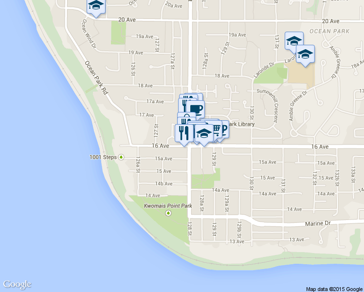 map of restaurants, bars, coffee shops, grocery stores, and more near 12749 16 Avenue in Surrey