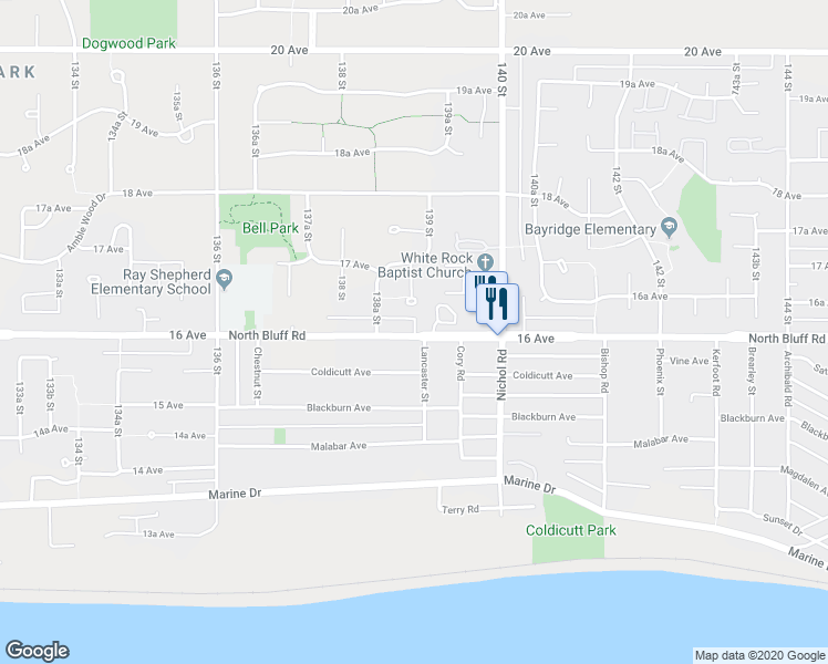 map of restaurants, bars, coffee shops, grocery stores, and more near 13887 16 Avenue in Surrey