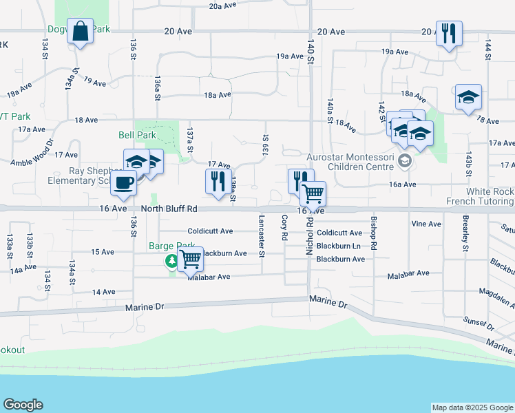 map of restaurants, bars, coffee shops, grocery stores, and more near 13887 16 Avenue in Surrey