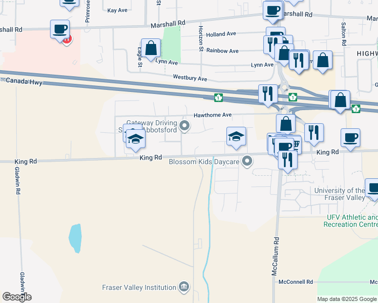 map of restaurants, bars, coffee shops, grocery stores, and more near 1648 Kempley Court in Abbotsford