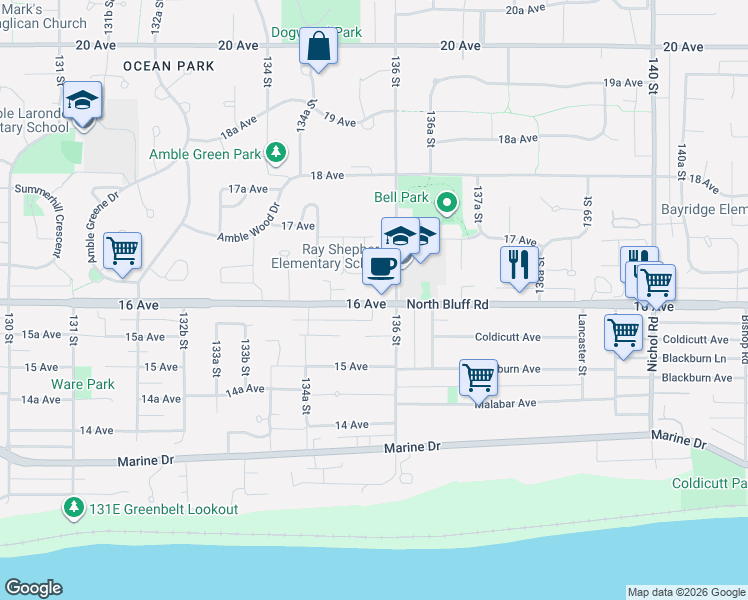map of restaurants, bars, coffee shops, grocery stores, and more near 13585 16 Avenue in Surrey