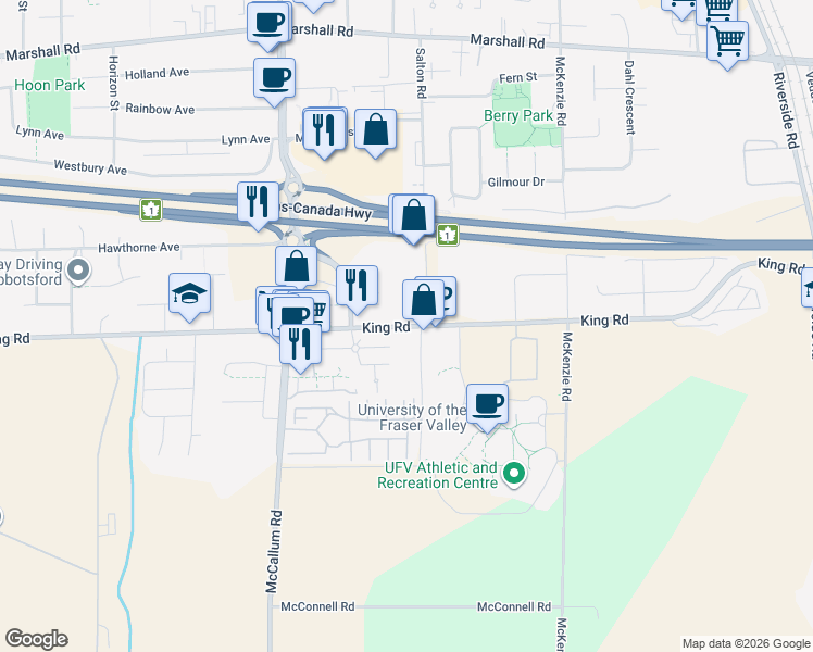 map of restaurants, bars, coffee shops, grocery stores, and more near 1639 Salton Road in Abbotsford
