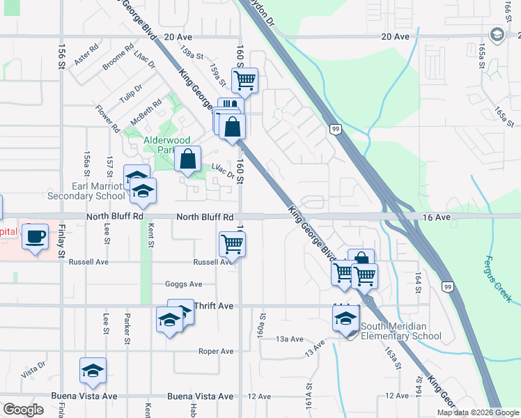 map of restaurants, bars, coffee shops, grocery stores, and more near 16051 16 Avenue in Surrey
