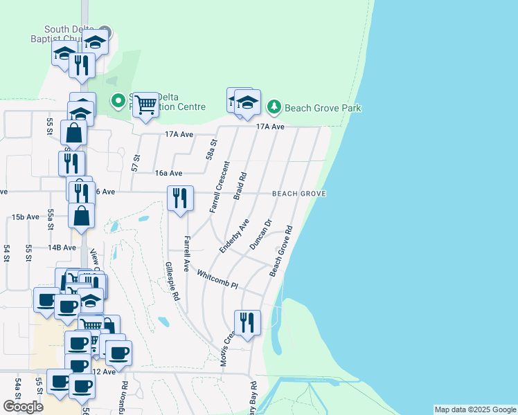 map of restaurants, bars, coffee shops, grocery stores, and more near 1570 Enderby Avenue in Delta