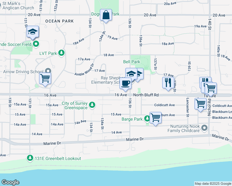 map of restaurants, bars, coffee shops, grocery stores, and more near 13525 16 Avenue in Surrey
