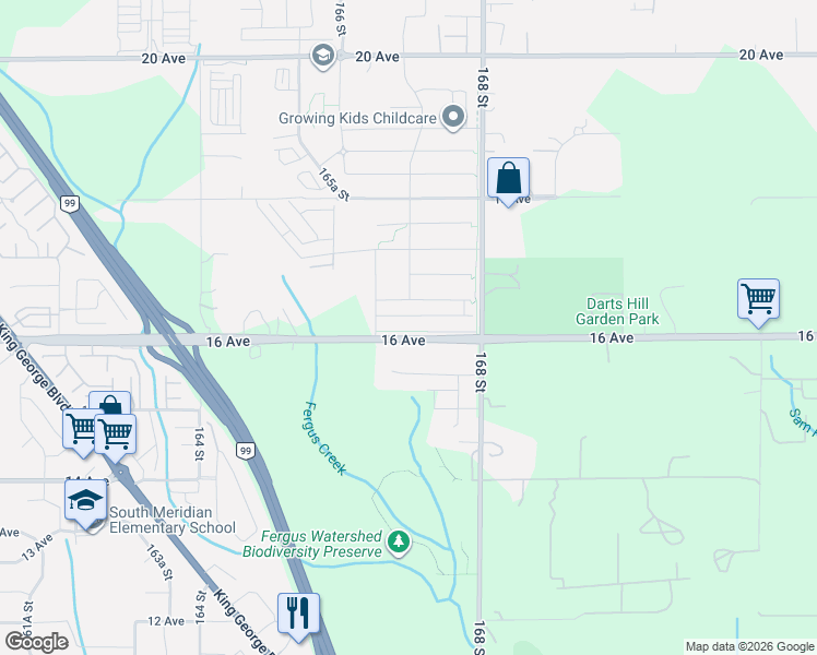 map of restaurants, bars, coffee shops, grocery stores, and more near 16697 16 Avenue in Surrey