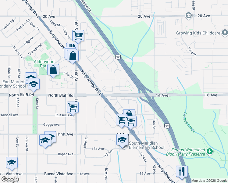 map of restaurants, bars, coffee shops, grocery stores, and more near 1639 162 Street in Surrey
