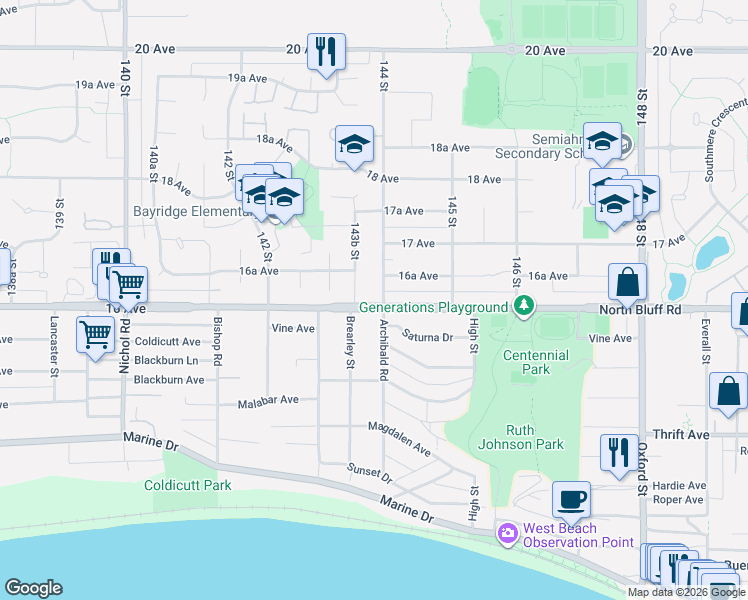 map of restaurants, bars, coffee shops, grocery stores, and more near in Surrey