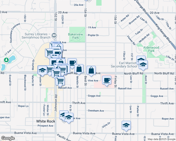 map of restaurants, bars, coffee shops, grocery stores, and more near 1630 154 Street in Surrey