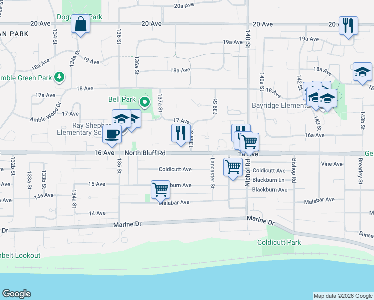 map of restaurants, bars, coffee shops, grocery stores, and more near 1619 138A Street in Surrey