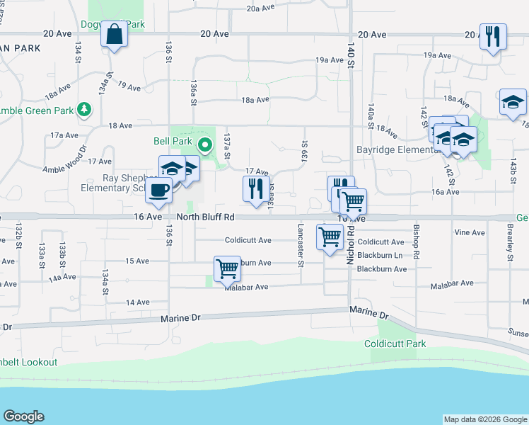 map of restaurants, bars, coffee shops, grocery stores, and more near 1619 138A Street in Surrey