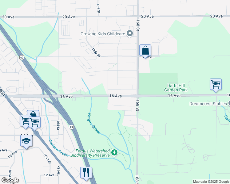 map of restaurants, bars, coffee shops, grocery stores, and more near 16689 16 Avenue in Surrey