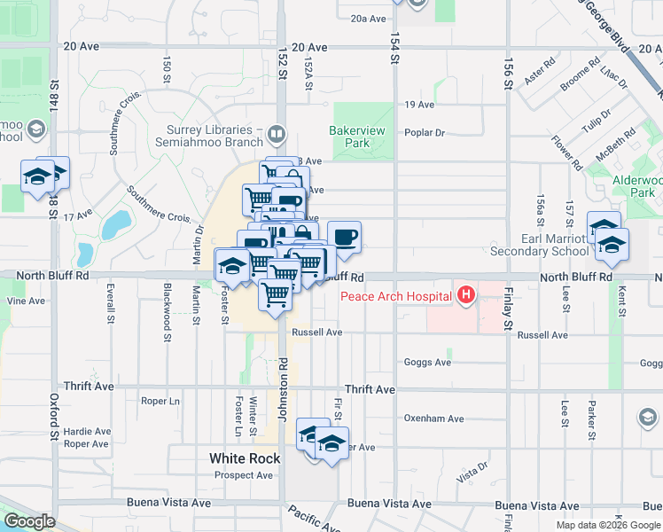 map of restaurants, bars, coffee shops, grocery stores, and more near 15331 16 Avenue in Surrey