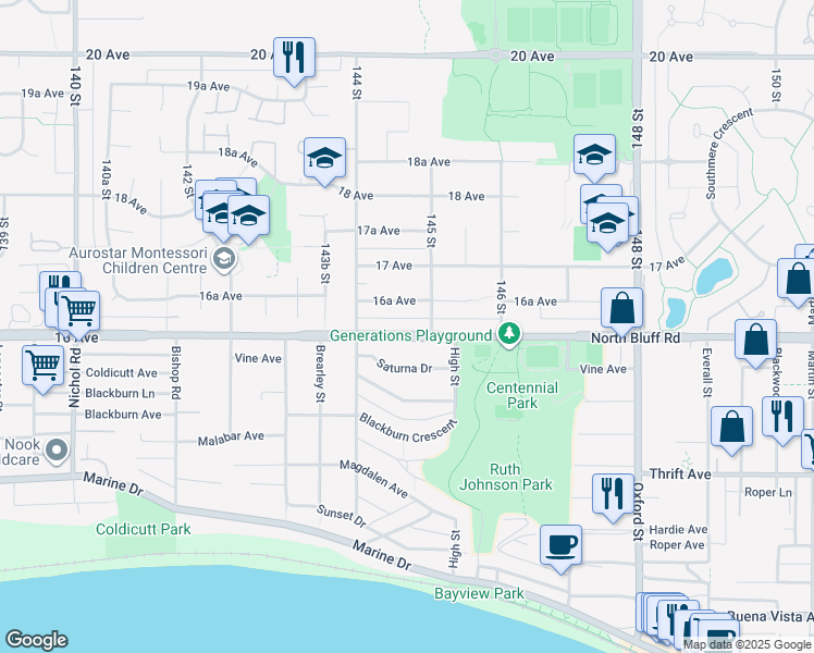 map of restaurants, bars, coffee shops, grocery stores, and more near 14471 16 Avenue in Surrey