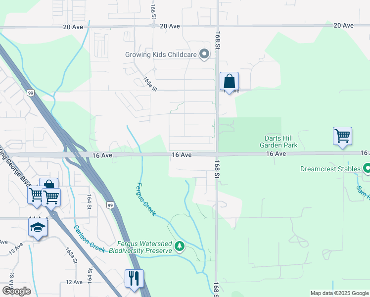 map of restaurants, bars, coffee shops, grocery stores, and more near 16697 16 Avenue in Surrey