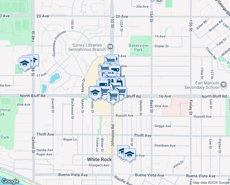 map of restaurants, bars, coffee shops, grocery stores, and more near in Surrey