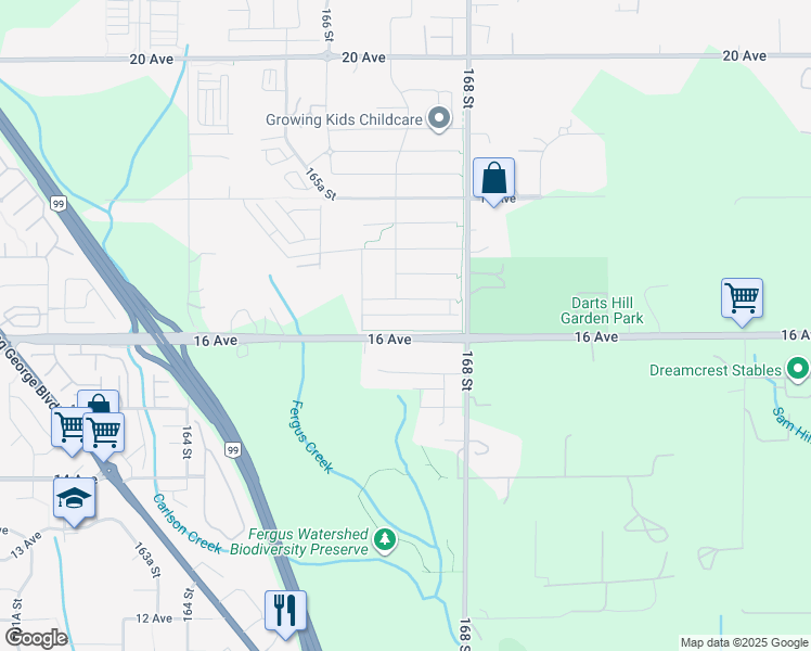 map of restaurants, bars, coffee shops, grocery stores, and more near 16711 16 Avenue in Surrey