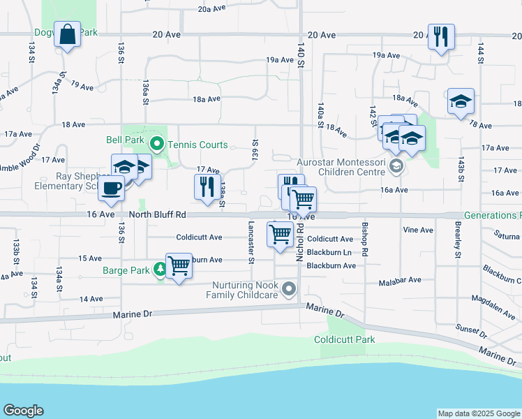 map of restaurants, bars, coffee shops, grocery stores, and more near 13911 16 Avenue in Surrey