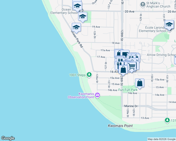 map of restaurants, bars, coffee shops, grocery stores, and more near 12581 16 Avenue in Surrey