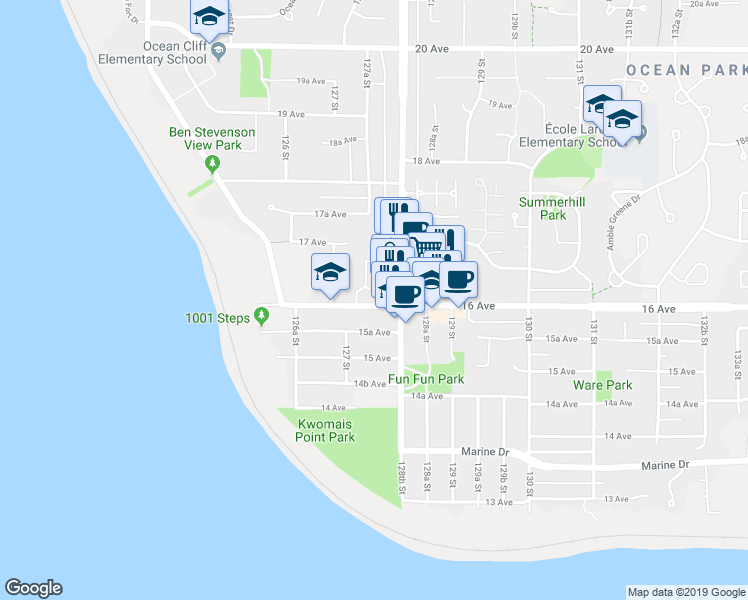 map of restaurants, bars, coffee shops, grocery stores, and more near 12757 16 Avenue in Surrey
