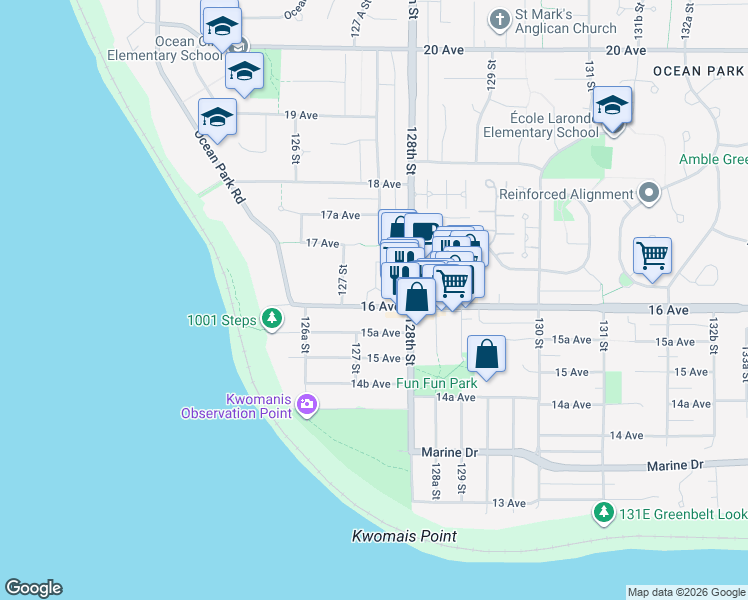 map of restaurants, bars, coffee shops, grocery stores, and more near 12747 16 Avenue in Surrey