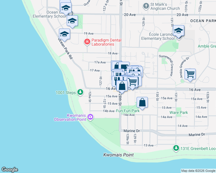 map of restaurants, bars, coffee shops, grocery stores, and more near 12741 16 Avenue in Surrey