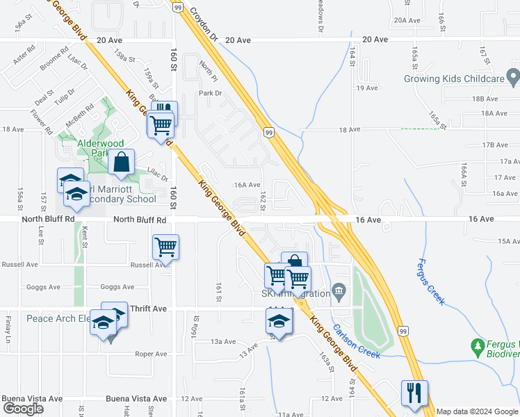 map of restaurants, bars, coffee shops, grocery stores, and more near 1639 162 Street in Surrey