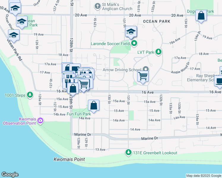 map of restaurants, bars, coffee shops, grocery stores, and more near 13017 16 Avenue in Surrey