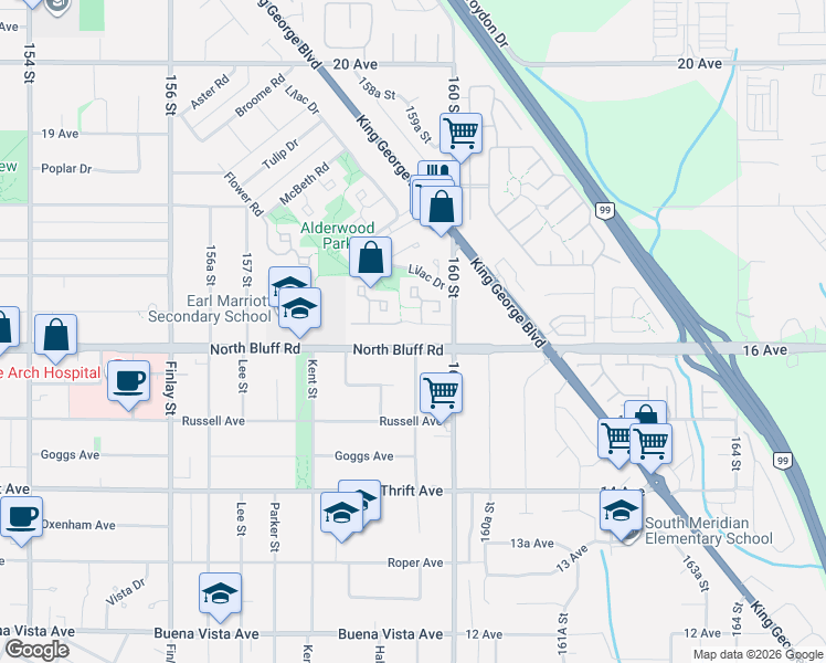 map of restaurants, bars, coffee shops, grocery stores, and more near 15950 Alder Place in Surrey