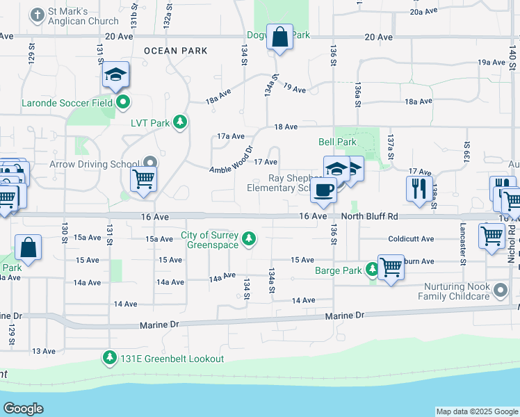 map of restaurants, bars, coffee shops, grocery stores, and more near in Surrey