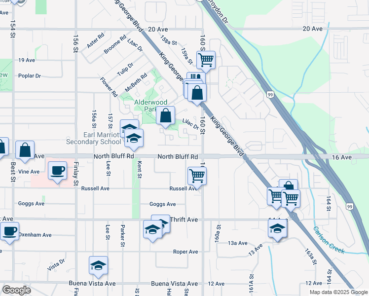 map of restaurants, bars, coffee shops, grocery stores, and more near 15950 Alder Place in Surrey