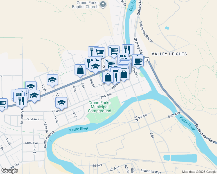 map of restaurants, bars, coffee shops, grocery stores, and more near 447 Market Avenue in Grand Forks