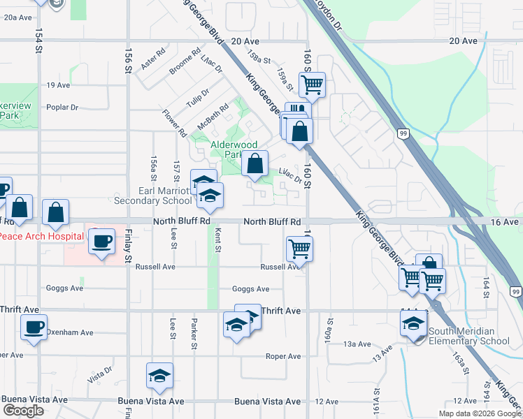 map of restaurants, bars, coffee shops, grocery stores, and more near 15885 16 Avenue in Surrey