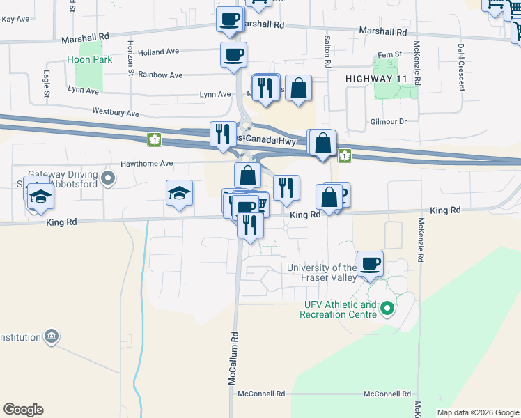 map of restaurants, bars, coffee shops, grocery stores, and more near 1626 McCallum Road in Abbotsford