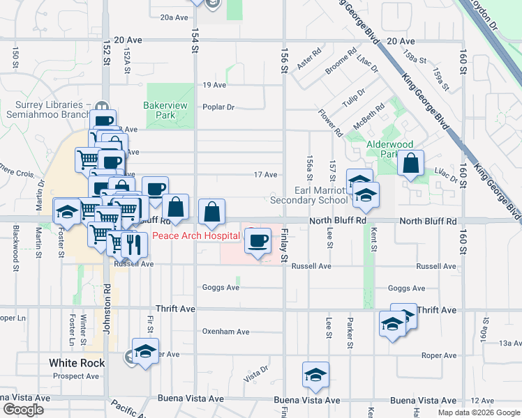 map of restaurants, bars, coffee shops, grocery stores, and more near 15555 16 Avenue in Surrey