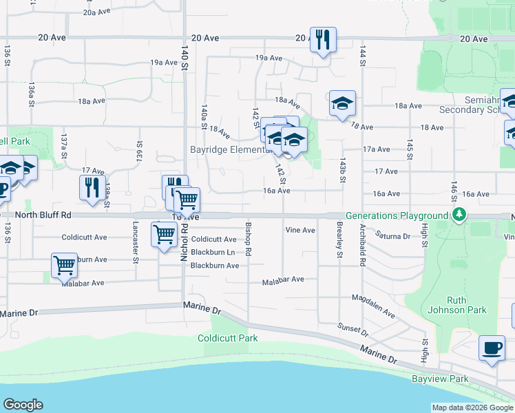 map of restaurants, bars, coffee shops, grocery stores, and more near 1615 141B Street in Surrey