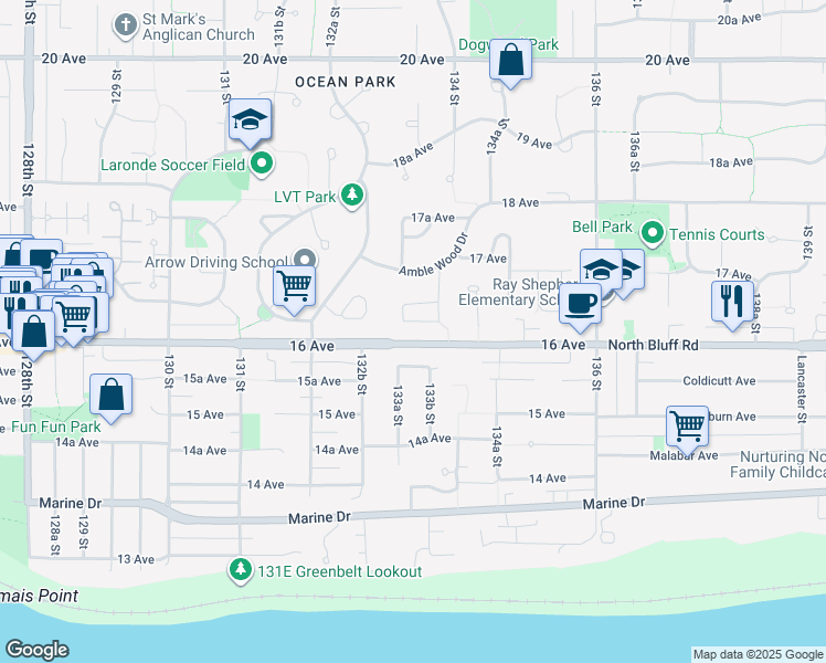 map of restaurants, bars, coffee shops, grocery stores, and more near 1638 133A Street in Surrey