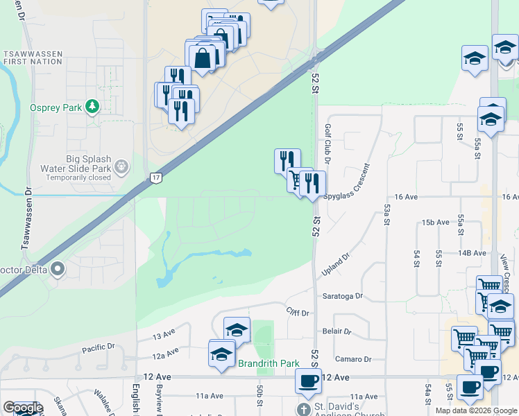 map of restaurants, bars, coffee shops, grocery stores, and more near 5116 Cedar Springs Drive in Delta