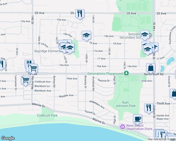 map of restaurants, bars, coffee shops, grocery stores, and more near 1614 143B Street in Surrey