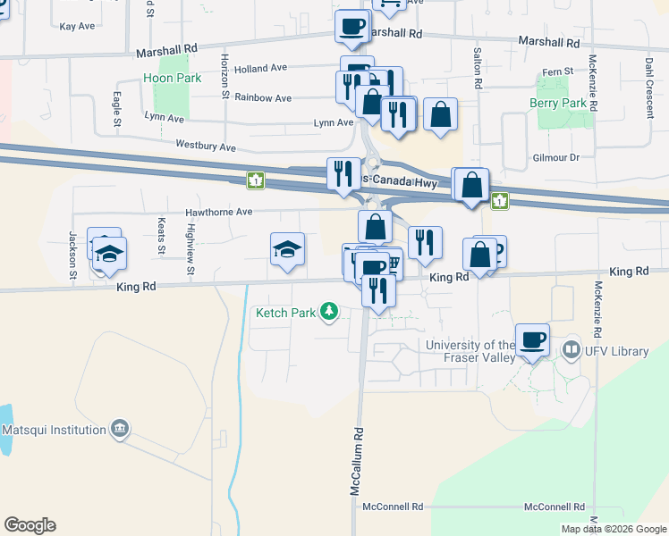 map of restaurants, bars, coffee shops, grocery stores, and more near 33535 King Road in Abbotsford