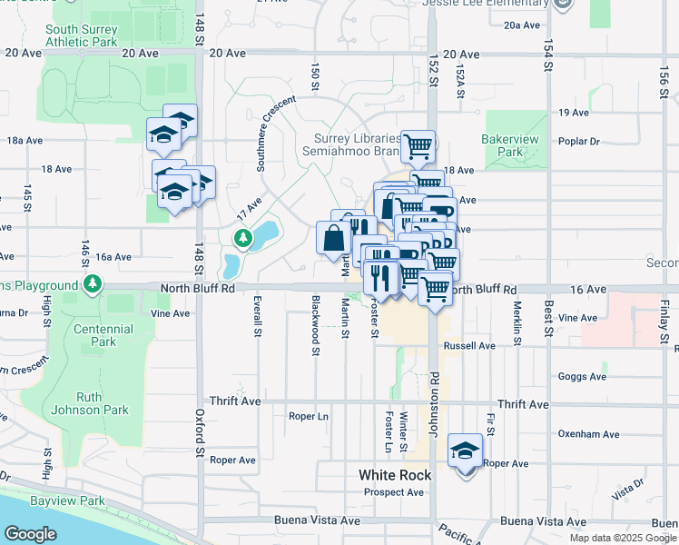 map of restaurants, bars, coffee shops, grocery stores, and more near 304-1676 Martin Drive in Surrey